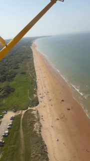 In this aerial view of Omaha Beach in front of the Wn62 strongpoint, you can see Lambert's Rock on the beach, the two R612 blockhaus, the second one with on the top the 5th Engineer Special Brigade Memorial and finally the Big Red One Memorial #omahabeach #normandy #ww2history #ddayhistory #normandyinvasion